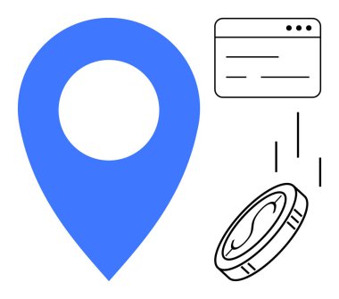 Mavi konum işareti navigasyon, ödeme parası ve tarayıcı penceresini simgeliyor. Finans, dijital ekonomi, konum hizmetleri, navigasyon, teknoloji çevrimiçi ticaret ve ticaret için idealdir. Basit.