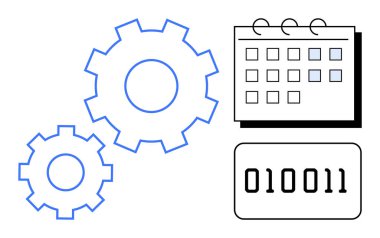 İki mavi dişli, bir takvim ve ikili basamaklar iş akışı otomasyonu, görev çizelgesi ve dijital çözümleri vurguluyor. Verimlilik, verimlilik, proje planlaması, teknoloji yeniliği için ideal