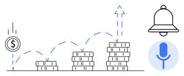 Yığılan madeni paraların üzerine para düşmesi finansal büyümeyi gösteriyor, ok artan kazancı gösteriyor, alarm için bir zil ve ses komutları için bir mikrofon. Finans, bankacılık, tasarruf için ideal