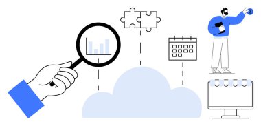 Büyüteç verileri inceler, bulmaca parçalarını, takvimi ve monitörü inceler. İş adamı panoya sahip, takım çalışması, proje planlaması, organizasyon ve veri analizi yeniliklerini vurguluyor