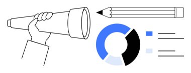 Teleskop, kalem, pasta grafiği çubuk keşfi, araştırma, planlama, veri içgörüsü, yaratıcılık görme stratejisi. Yenilikçi pazarlama eğitimi ekip çalışması için idealdir. Basit düz metafor