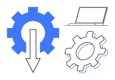 Aşağı doğru ok ve dizüstü bilgisayarı olan mavi dişli, optimizasyon, işlem otomasyonu ve iş akışı yönetimini gösteren ana hatlı dişli. Teknoloji, mühendislik, iş, ilerleme verimliliği için ideal