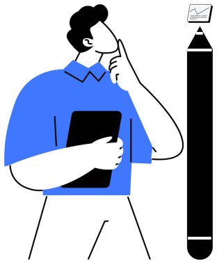 Tablet tutan düşünceli bir adam, yanında dev kalemle küçük bir çarşafta verileri analiz ediyor. Yaratıcılık, strateji, analiz, planlama, problem çözme, karar verme odaklaması için idealdir. Basit düz metafor