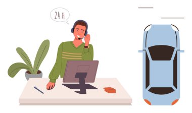 Masadaki yardımcı ajan kulaklık ve bilgisayar kullanıyor, yakınlardaki araç çizimleri. Müşteri hizmetleri, araba yardımı, çevrimiçi hizmetler, iletişim, teknoloji, uzaktan çalışma, basit düz metafor