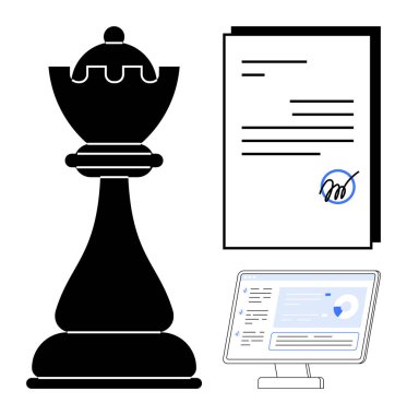 Satranç taşı, imzalı belge ve veri görselleştirmeli bilgisayar ekranı. Strateji, liderlik, müzakere, planlama, yasal konular, iş büyümesi için ideal düz metafor