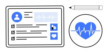 Kullanıcı profili, sağlık kontrol listesi, ilaçlar ve kalp atışı simgesini gösteren tablet ekranı. ECG çizgisi olan kalem ve mavi kalbi de içeriyor. Sağlık, teknoloji, tanı, teletıp için ideal
