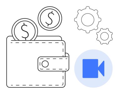 İçinde para, vites simgeleri ve dijital finans, otomasyon ve medyayı temsil eden video oyun sembolleri olan cüzdan. Teknoloji, yenilik, finans, tasarruf çevrimiçi ödemeler için ideal içerik oluşturma basit