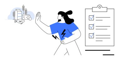 Alerjisi yüksek gıdaları reddeden bir kadın, gıda, balık ve tahıl tüketimine karşı hoşgörüsüzlük listesine odaklanırken süt ürünlerini, tahılları da onaylıyor. Sağlık, diyet, sağlık, alerji, beslenme, kişisel bakım ve gıda seçimi için ideal