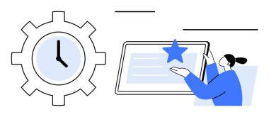 Zaman yönetimini simgeleyen saat, dijital ekranla etkileşen insan ve kalite ve başarı için yıldız. Zaman verimliliği, verimlilik, organizasyon, takım çalışması için ideal