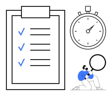 İşaretli görevleri olan kontrol listesi, zaman yönetimini sembolize eden kronometre büyüteçle analiz eden kişi. Üretkenlik, verimlilik, organizasyon, planlama, analiz, son teslim tarihi kalitesi için ideal