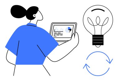 Tablet verilerini çizelgelerle analiz eden bir kadın. Ampul ve dairesel okların yanında. Yenilik, analitik, yaratıcılık, sürdürülebilirlik, beyin fırtınası, veri görselleştirme takım çalışması için idealdir. Basit düz