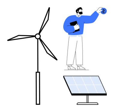 Rüzgar türbini ve güneş paneli elinde belge tutan ve mali faydaları değerlendiren bir adamın yanında. Sürdürülebilirlik, yeşil enerji, yenilenebilir kaynaklar, çevre dostu teknoloji, tasarruf için ideal