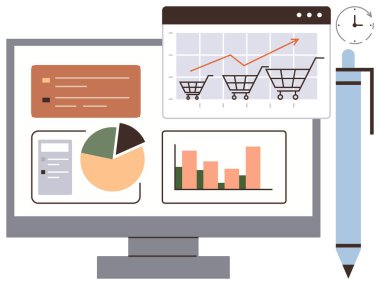 Bilgisayar ekranında pasta grafikleri, bar grafikleri ve kalem ve saatle alışveriş arabası analizleri gösteriliyor. İş, e-ticaret, analitik, zaman yönetimi, strateji, üretkenlik pazarı için ideal