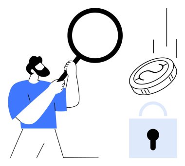 Elinde büyüteç tutan, bozuk parayı izleyen ve finansal güvenliği temsil eden bir adam. Finans, güvenlik, analiz, soruşturma, risk yönetimi tasarrufları odak noktası için idealdir. Basit düz