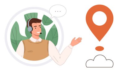 Erkek kulaklık takıyor, hoş geldin jesti yapıyor, yeşilliklerle çevrili, büyük konum işareti ve bulut. Müşteri hizmetleri, iletişim, uzaktan çalışma, navigasyon teknolojisi için ideal eko