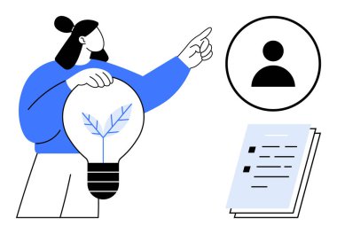 İçinde yaprak olan ampulü tutan kişi, belge yığınının yanındaki kullanıcı simgesini işaret ediyor. Yenilik için ideal, sürdürülebilirlik, yaratıcılık, takım çalışması, eko-bilinç, liderlik rolleri