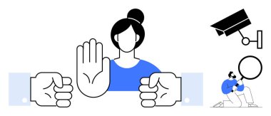 Kısıtlamayı ya da protestoyu simgeleyen elini kaldırmış bir kadın, elleri bağlı, güvenlik kamerası, büyüteci olan bir adam. Gizlilik, kontrol, izleme, adalet, protesto kısıtlama hakları konuları için ideal