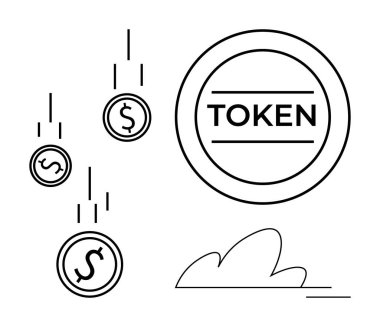 Dolar işaretleri ve minimum bulut tasarımı olan bozuk paralarla çevrili dijital jeton. Engelleme zinciri, kripto para birimi, dijital ekonomi, fintech, yatırım, finans teknolojisi için ideal