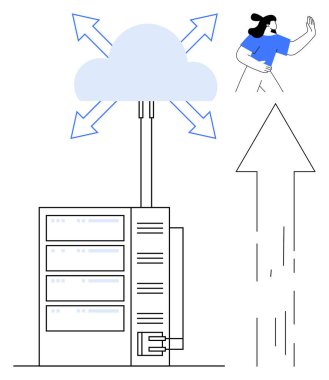 Oklarla buluta bağlanan sunucu, hareket eden kadın, yukarı doğru büyüyen ok. Bulut hesaplama, ağ oluşturma, veri depolama, büyüme, teknolojik yenilik dijital dönüşüm için idealdir. Basit düz