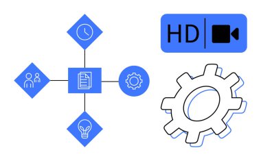 Takım, saat, belge, dişli, ampul ve HD video için bağlı simgelerle çalışma akışı diyagramı. Proje planlaması, takım çalışması, zaman yönetimi yenilik verimliliği için ideal basit düz metafor