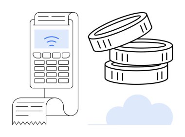Fatura, bozuk para ve dijital aktarımı temsil eden sinyal ikonu ile ödeme terminali. Basit bir metaforda ödeme, finans, muhasebe, bütçe, alışveriş, e-ticaret ve fintech için ideal