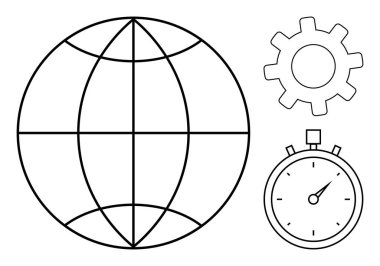 Enlem ve boylam çizgileri, dişli ve kronometresi olan dünya küresel iş optimizasyonu ve zaman odaklı. Verimlilik, takım çalışması, küreselleşme, verimlilik, sistemler, planlama için ideal