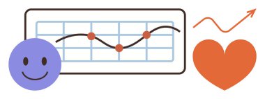 Mutlu yüz, çizelge grafiği ve kırmızı noktalar, kalp, yukarı doğru ok. Sağlık, büyüme, tatmin, analitik performans pozitifliği için idealdir. Basit düz metafor