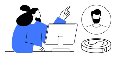 Bilgisayar başında bir kadın, kullanıcı profili ve madeni para konsepti gösteriliyor. Finans, teknoloji, kullanıcı etkileşimi, çevrimiçi hizmetler, analitik, müşteri yönetimi için ideal, basit düz metafor