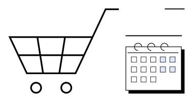 Siyah alışveriş arabası işaretli tarihli takvimin yanında. Ticaret, planlama, planlama, organizasyon, perakende, hatırlatıcı, zaman yönetimi için idealdir. Basit düz metafor