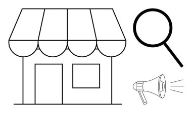 Tenteli, büyük büyüteçleri ve megafonu olan küçük bir dükkan. Pazarlama, markalaşma, reklam, arama, satış çevrimiçi alışveriş stratejileri için ideal. Basit düz metafor