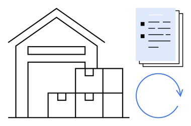 Lojistik, tedarik zinciri, envanter, geri dönüşüm, nakliye, envanter yönetimi ve sürdürülebilir süreçleri simgeleyen basit düz bir mecazda kutular, belgeler ve dairesel okun bulunduğu depo.