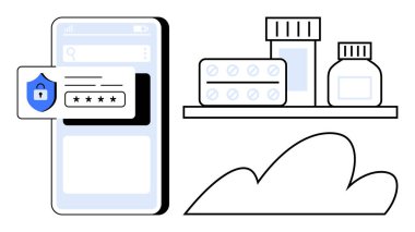 Şifre korumalı akıllı telefon, tıbbi şişeler, raflarda haplar. Sağlık hizmetleri, siber güvenlik, veri gizliliği, teletıp, online eczane bulut depolama tıbbi kayıtları için ideal. Basit düz