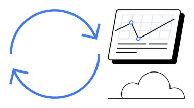 Dairesel oklar senkronizasyonu, analitik çizelge gösterme eğilimlerini ve bulut simgesini temsil ediyor. Veri yönetimi, analiz, bulut hesaplama, üretkenlik, teknoloji, bütünleşme için ideal basit