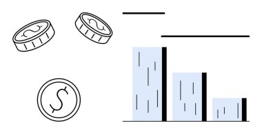 Minimalist bar tablosu ve madeni paralar finans, iş büyümesi, istatistik ve zenginlik takibini vurguluyor. Ekonomi, bütçe, planlama, yatırım, analitik görselleştirme için ideal basit düz metafor