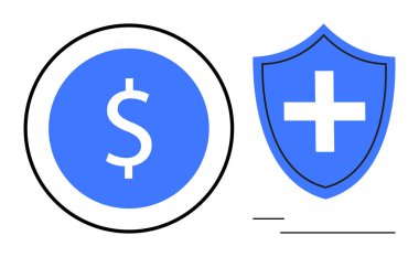 Para ve kalkanı temsil eden bir dolar sağlık ve güvenliği sembolize ediyor. Finans, sigorta, sağlık, tasarruf, koruma, istikrar ve planlama konuları için ideal. Basit düz metafor