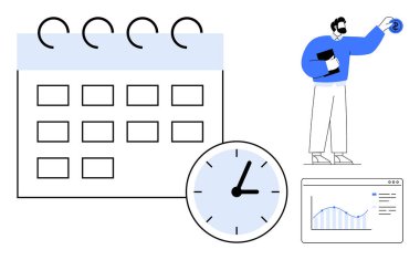 Takvim, saat, elinde defter ve para tutan adam ve grafik ekran vurgulama verimliliği, planlama, öncelikler, verimlilik, karar verme finansal hedefleri ve ilerleme takibi. İdeal