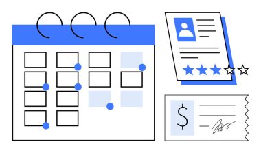 İşaretli tarihli takvim, reytingli profil incelemesi ve imzalı makbuz. Planlama, düzenleme, zamanlama, zaman yönetimi, çalışan değerlendirmesi, ödeme takibi için ideal basit düz metafor