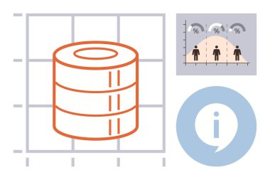 Bir yığın veri diski, insan analitik şeması ve bilgilendirici i sembolü. Veri yönetimi, analiz, istatistik, iş stratejisi, teknik çözümler, bilgi paylaşımı ve basit daire için ideal