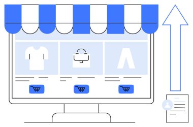 Masaüstü ekranında tente, alışveriş arabası simgeleri, yukarı ok, kullanıcı profili ve belge altında çevrimiçi mağaza ürünleri gösteriliyor. İnternet üzerinden e-ticaret, satış büyümesi, iş, pazarlama perakende satış için ideal