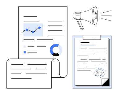Tablolar, veri raporları, panoda imzalanmış kontrat ve duyurular için megafon. İş, analitik, pazarlama, sözleşme stratejisi sunumları için idealdir. Basit bir daire.