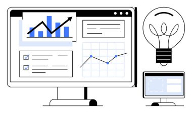 Büyüme grafikleri, kontrol listesi ve veri grafikleriyle birlikte bir ampul ve küçük ekran. Ticari büyüme, yenilik, veri analizi, teknoloji, geliştirme, strateji dijital için ideal