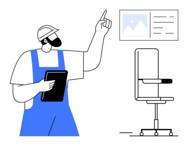 Güvenlik miğferi ve tablet miğferi olan işçiler modern ofis sandalyesinin yanındaki bilgi ekranına doğru hareket ediyorlar. Takım çalışması, ergonomik, eğitim, işyeri tasarımı, sunumlar, iletişim için ideal