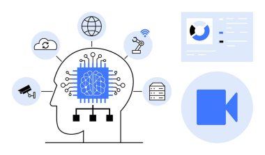 Robotik, bulut, veri ve analitiğe bağlı yapay zeka çipi olan insan kafası. Teknoloji, yenilik, yapay zeka sistemleri, otomasyon, makine büyük veri dijital dönüşümü için ideal