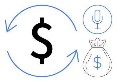 Yuvarlak okları, nakit çantası ve mikrofonu olan büyük dolar işareti. Finans, gelir büyümesi, ödeme sistemleri, yatırım, zenginlik ekonomisi ve kâr temsilciliği için idealdir. Basit düz metafor