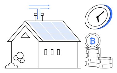 Güneş enerjili okları olan bir ev, zamanı simgeleyen bir saat ve tasarruf gösteren Bitcoin paraları. Yenilenebilir enerji, yatırım, sürdürülebilirlik, teknoloji, verimlilik, gelecek basit