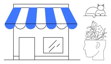 Mavi çizgili tenteli, uyuyan bir kedisi ve çiçeklerle açan bir insan kafası olan minimalist bir dükkan cephesi. İş için ideal, yaratıcılık, farkındalık, zihinsel sağlık, basitlik, rahatlama küçük