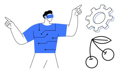 Yukarıya bakan VR kulaklık takan bir adam. Devreli tişört, büyük dişli ve soyut kiraz ikonlu. Teknoloji, yenilik, yapay zeka, yaratıcılık, sanal gerçeklik, fütüristik