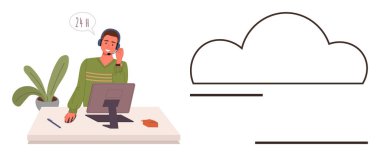 Kulaklık ve bilgisayar destekleyici müşterileri olan bir ajan. Yeşil santral, belge ve bulut grafiği bağlantıyı simgeliyor, 247 servis, verimlilik. Teknik destek ve uzaktan çalışma için ideal