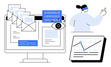 E- posta kutusu, analitik grafikler ve ikili kod içeren bilgisayar ekranı, grafik gösteren tablet, sanal asistan kulaklığı olan kişi. Teknoloji, yapay zeka, veri, siber güvenlik iletişimi için ideal