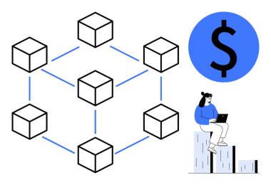 Birbirine bağlı küp ağları, blok zincirini temsil ediyor, çizgilerle bağlantılı. Bloklarda dizüstü bilgisayar ve dolar işareti tutan bir kadın. Kripto para birimi, finans, teknoloji, yenilik, veri uzaktan kumandası için ideal